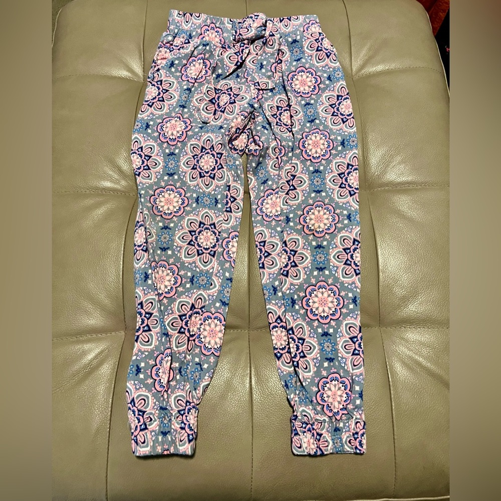 Justice girls 6/7 grey pink blue mandala patterned joggers tie waist